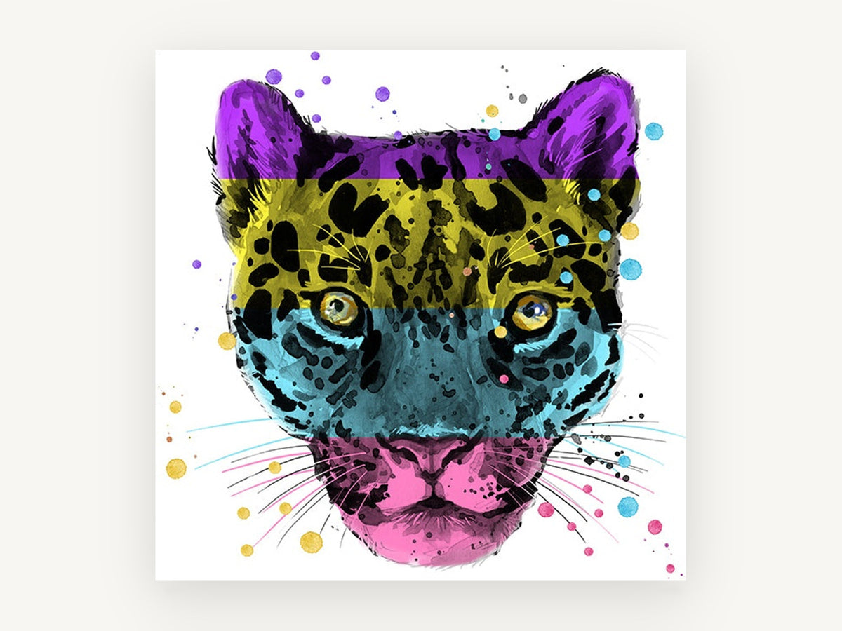 Colour Block Leopard, pop art leopard face illustration, animal canvas wall art print, front view