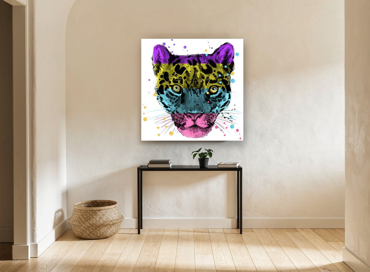 Colour Block Leopard animal canvas print on the wall of a hallway