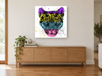 Colour Block Leopard animal canvas print on the wall of a living room above a sideboard