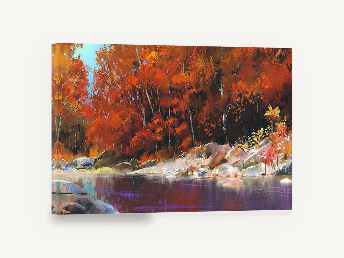 Crimson River Bend, autumn forest river landscape artwork, landscape canvas wall art print ready to hang