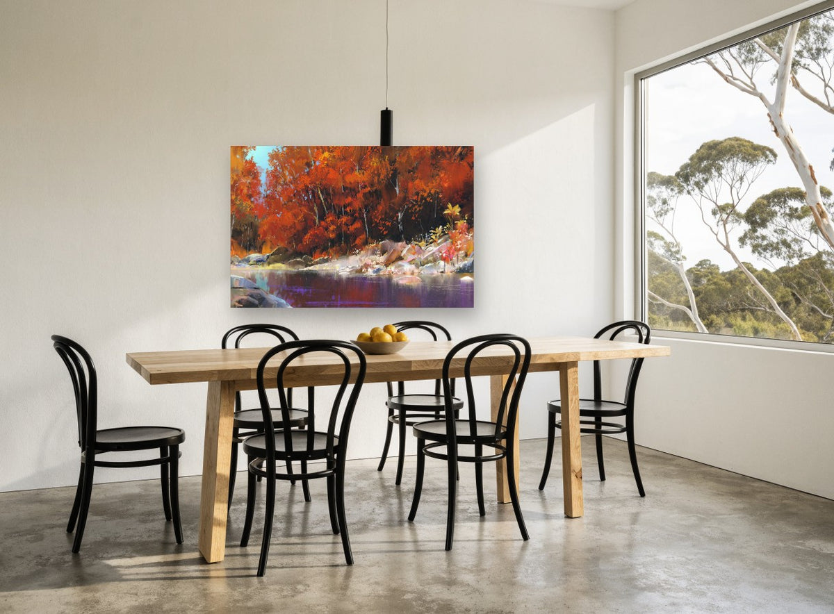 Crimson River Bend landscape canvas print on the wall of a dining room