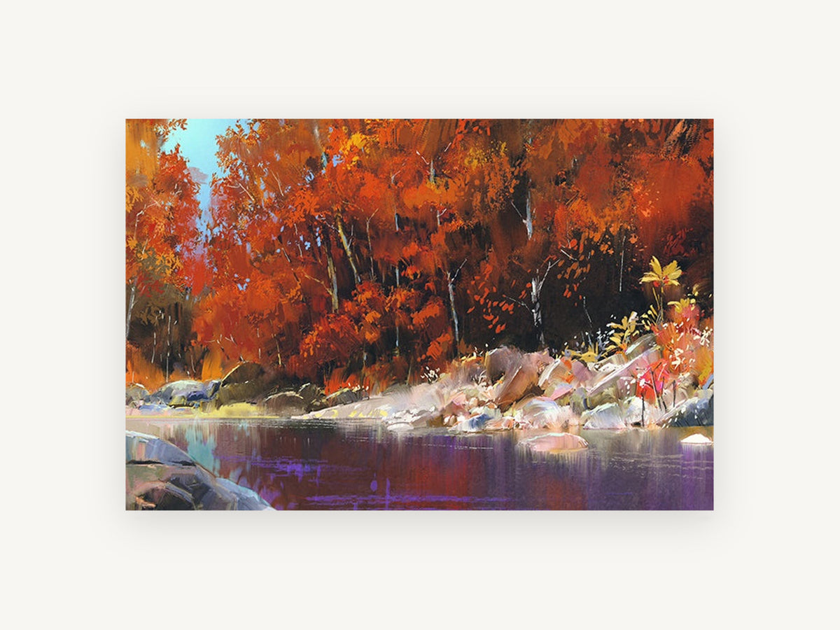 Crimson River Bend, autumn forest river landscape artwork, landscape canvas wall art print, front view