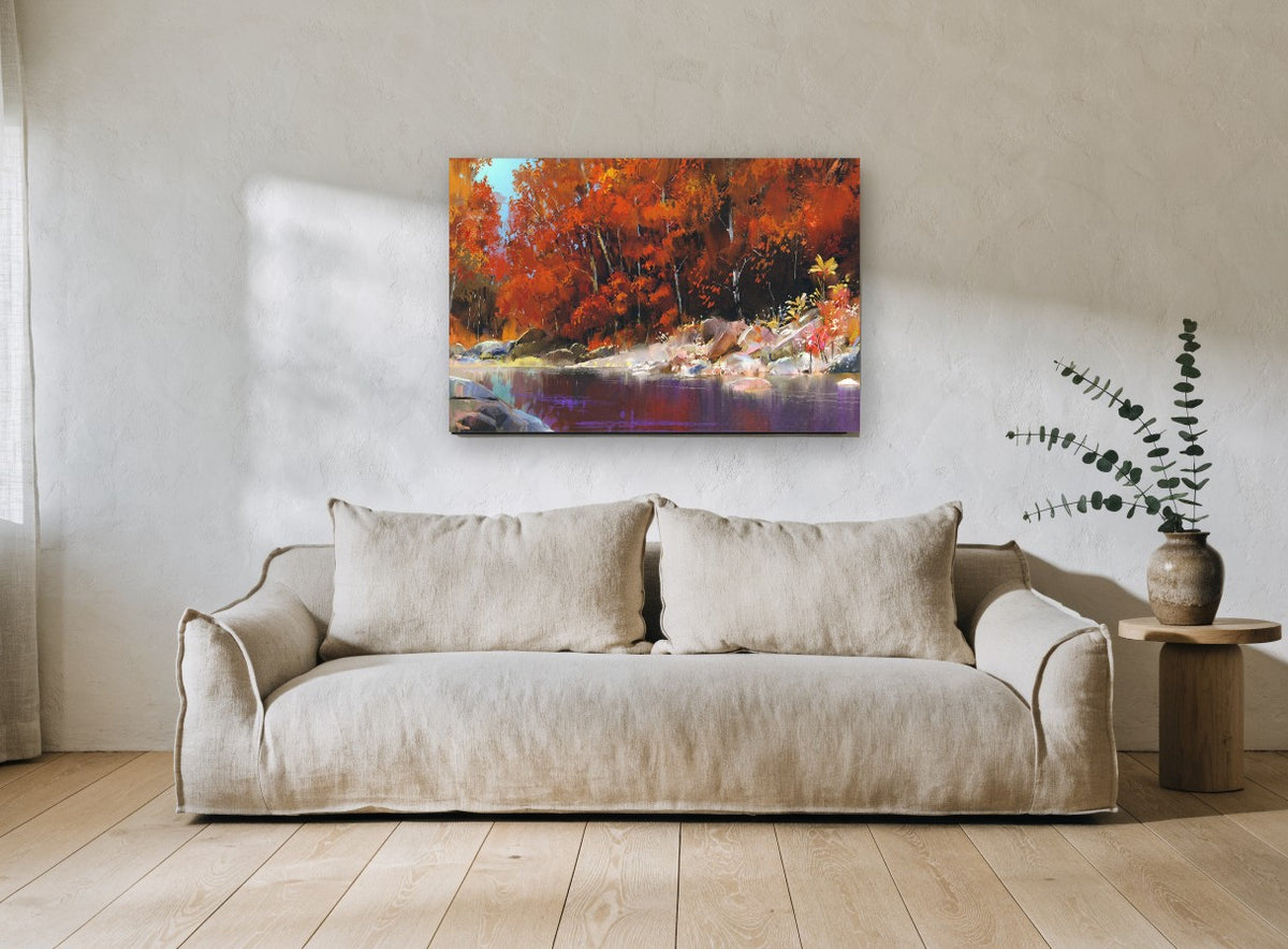 Crimson River Bend landscape canvas print on the wall of a living room