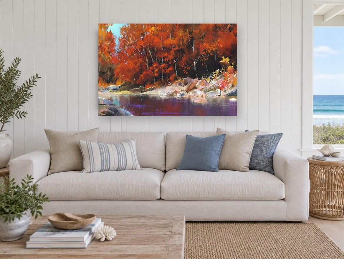 Crimson River Bend landscape canvas print on the wall of a beach house living room
