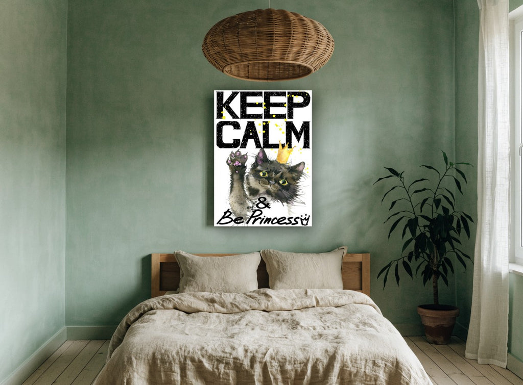 Princess Cat Keep Calm animal canvas print on the wall of a bedroom