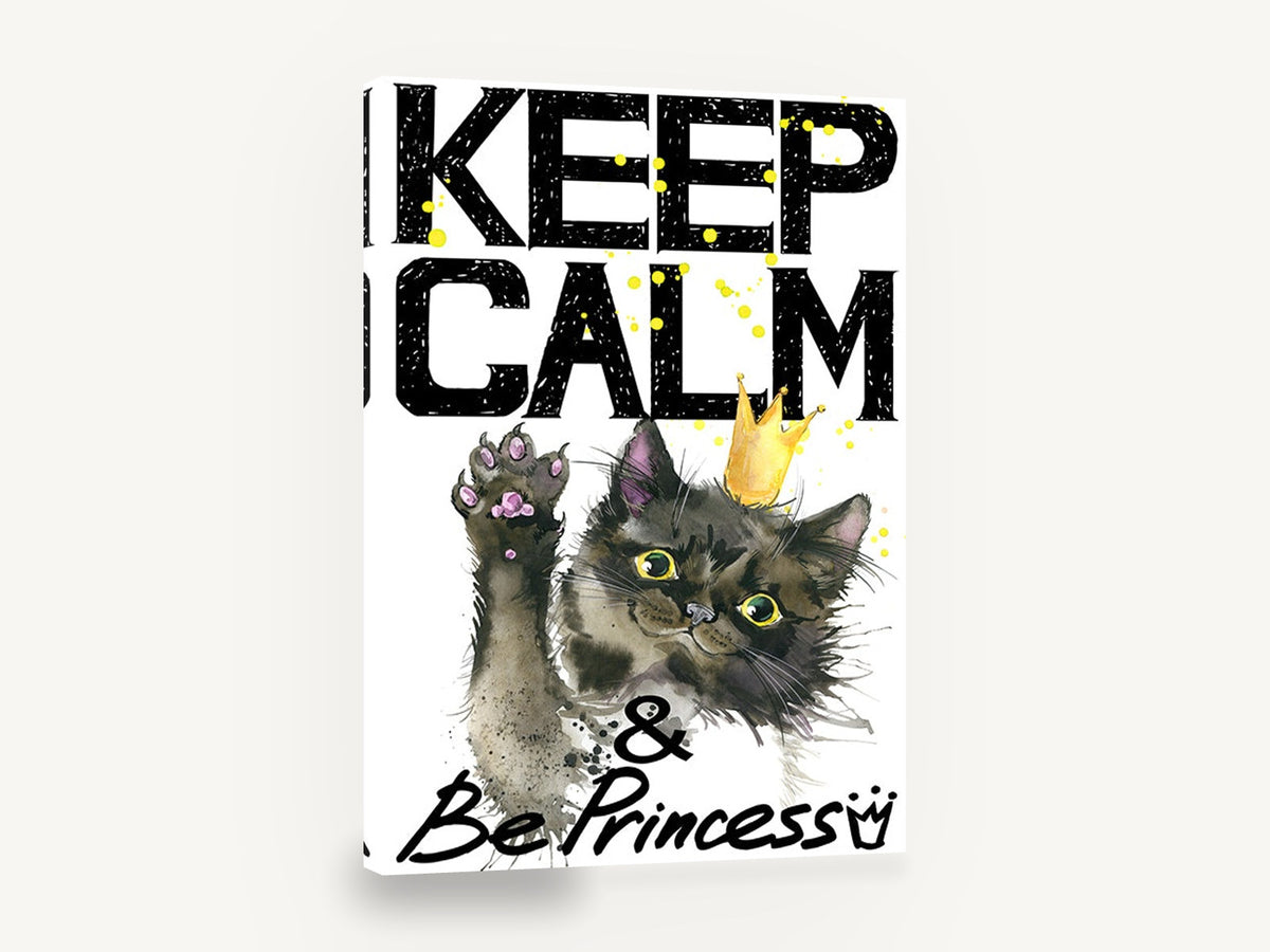 Princess Cat Keep Calm, black cat crown watercolour typography, animal canvas wall art print ready to hang