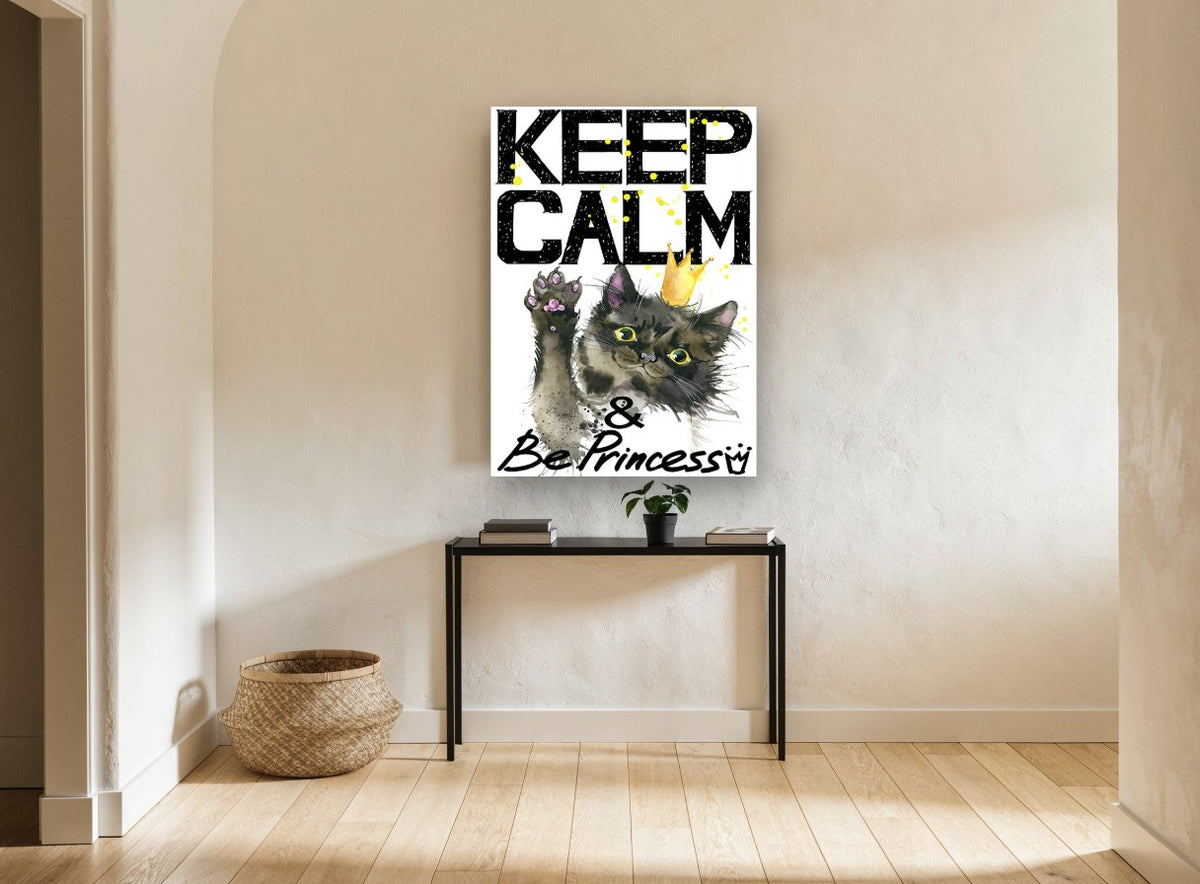 Princess Cat Keep Calm animal canvas print on the wall of a hallway
