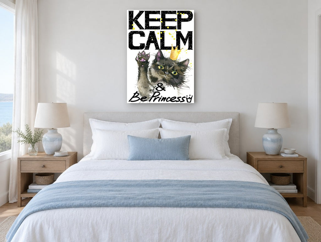 Princess Cat Keep Calm animal canvas print on the wall of a bedroom
