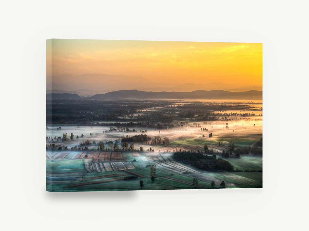 Fog Over Farmland, misty sunrise over patchwork fields, landscape canvas wall art print ready to hang