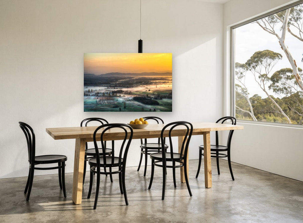 Fog Over Farmland landscape canvas print on the wall of a dining room