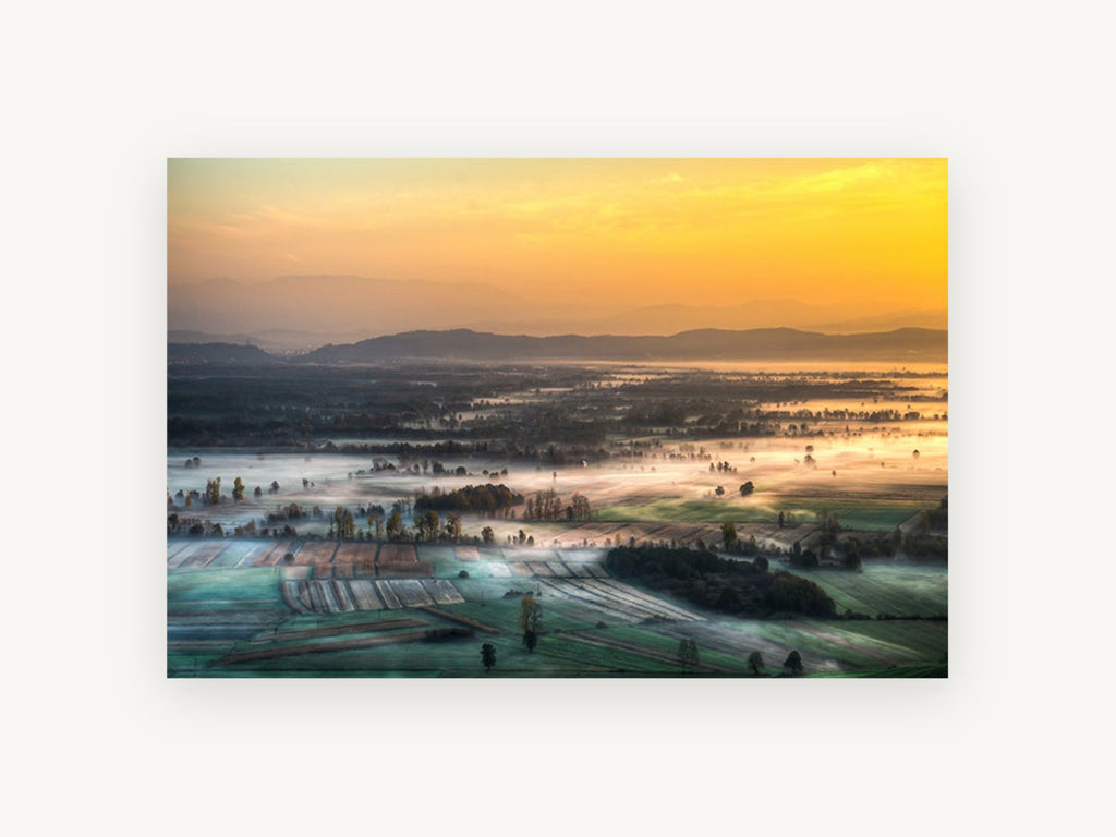 Fog Over Farmland, misty sunrise over patchwork fields, landscape canvas wall art print, front view