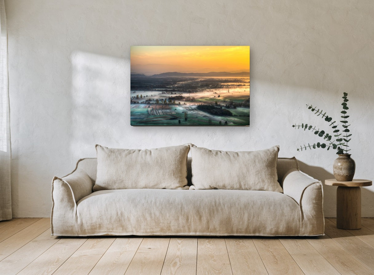 Fog Over Farmland landscape canvas print on the wall of a living room