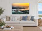 Fog Over Farmland landscape canvas print on the wall of a beach house living room