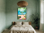 Lost in Paradise Beach vintage canvas print on the wall of a bedroom