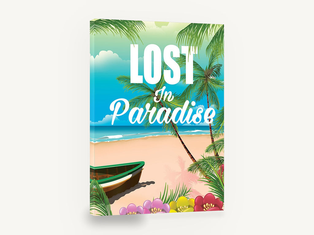 Lost in Paradise Beach, retro tropical beach travel poster, stretched canvas wall art print ready to hang