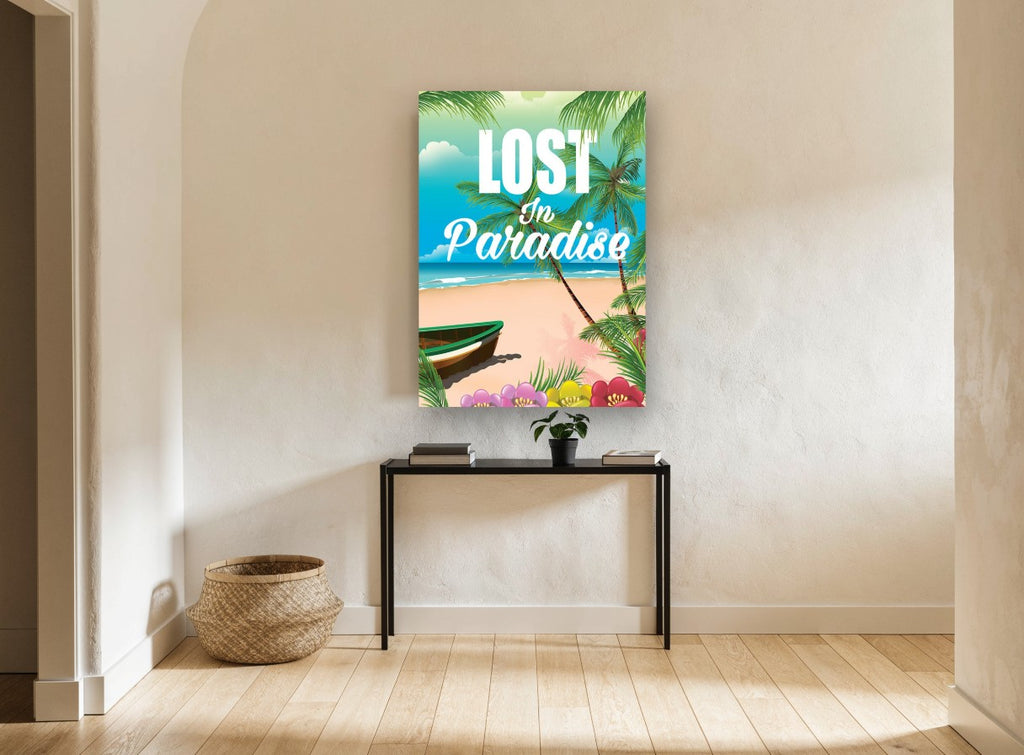Lost in Paradise Beach vintage canvas print on the wall of a hallway