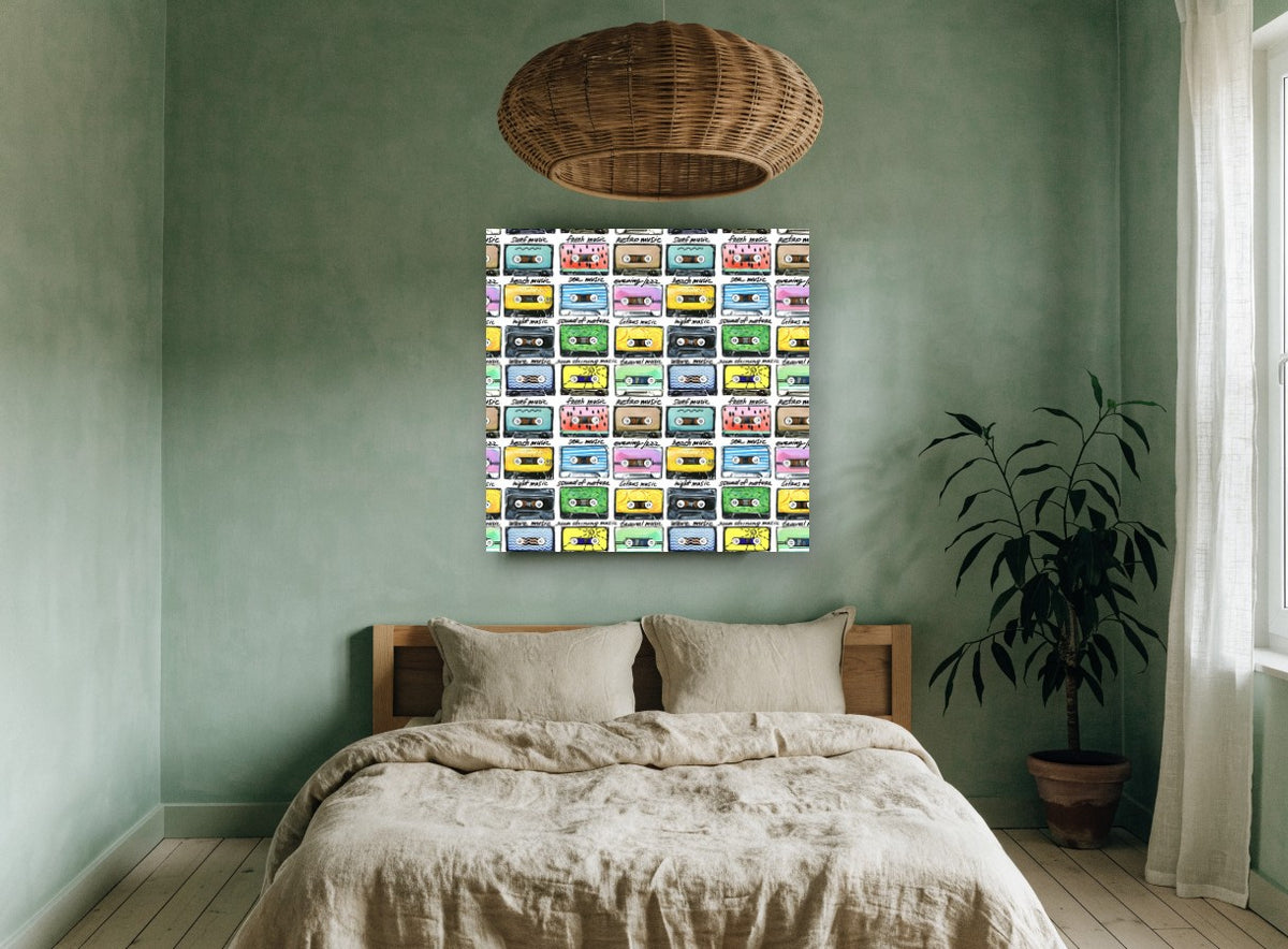Summer Mixtape Grid vintage canvas print on the wall of a bedroom