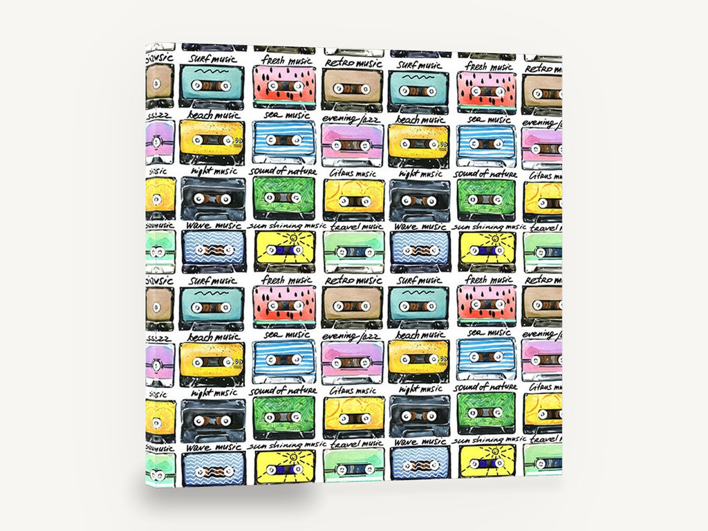 Summer Mixtape Grid, retro cassette tape pattern, stretched canvas wall art print ready to hang