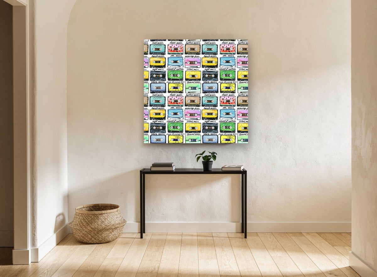 Summer Mixtape Grid vintage canvas print on the wall of a hallway