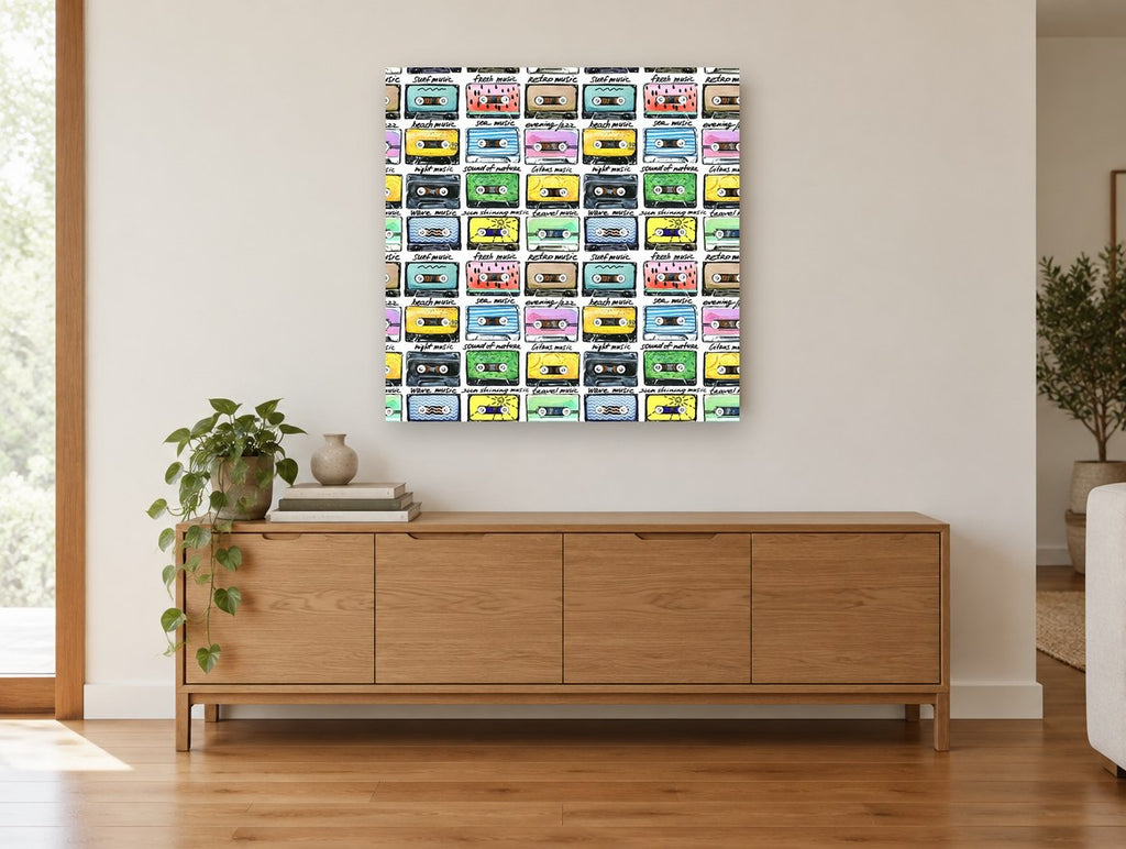 Summer Mixtape Grid vintage canvas print on the wall of a living room above a sideboard