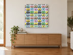 Summer Mixtape Grid vintage canvas print on the wall of a living room above a sideboard