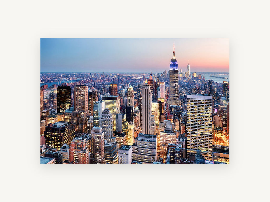 Midtown Dusk Glow, new york skyline at dusk photograph, city canvas wall art print, front view