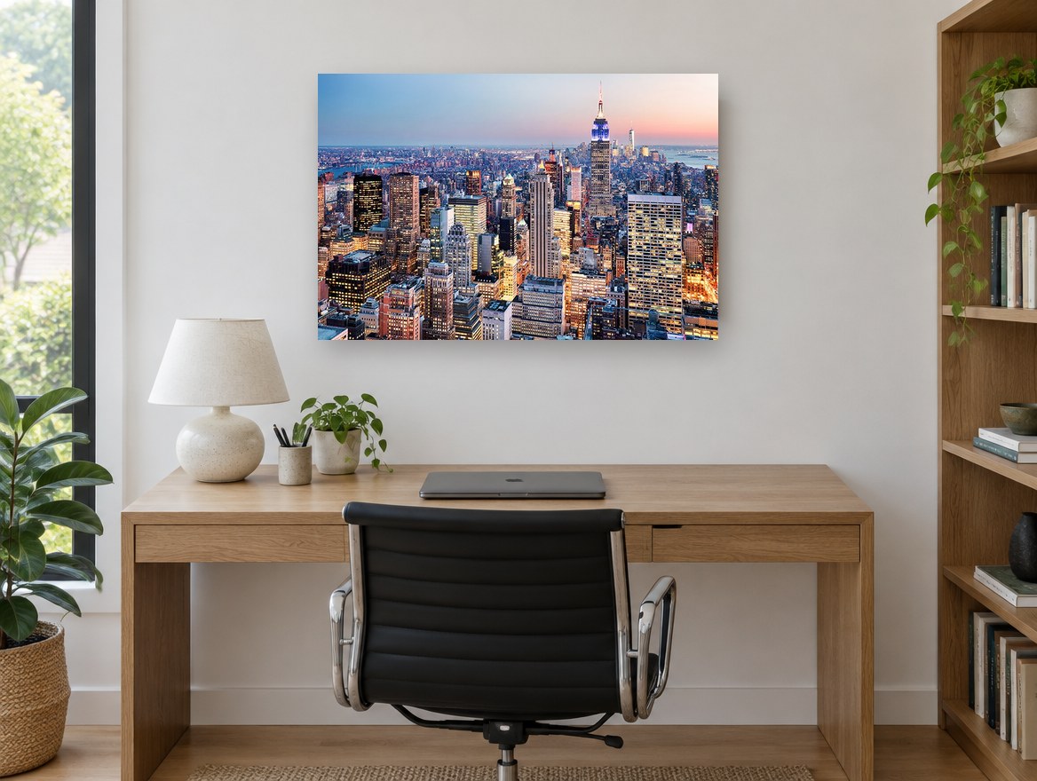 Midtown Dusk Glow city canvas print on the wall of a study