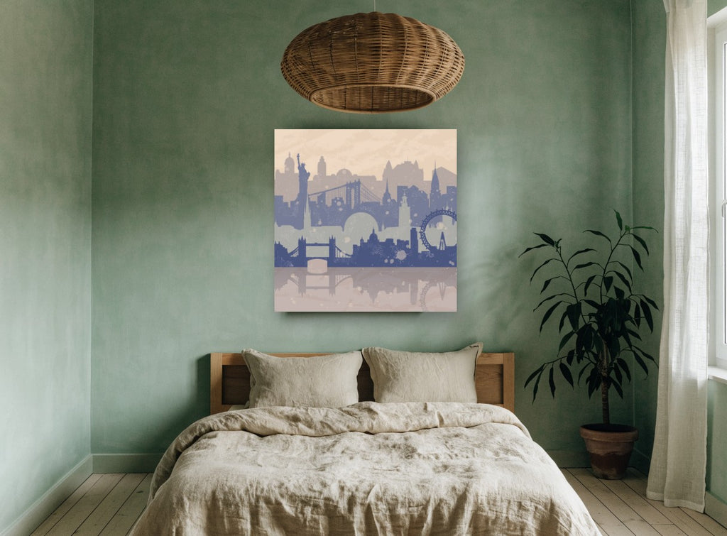 Layered City Silhouettes city canvas print on the wall of a bedroom