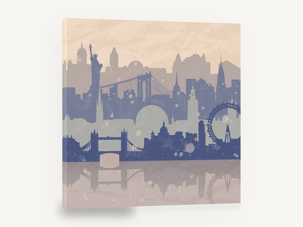 Layered City Silhouettes, london new york skyline silhouette illustration, city canvas wall art print ready to hang