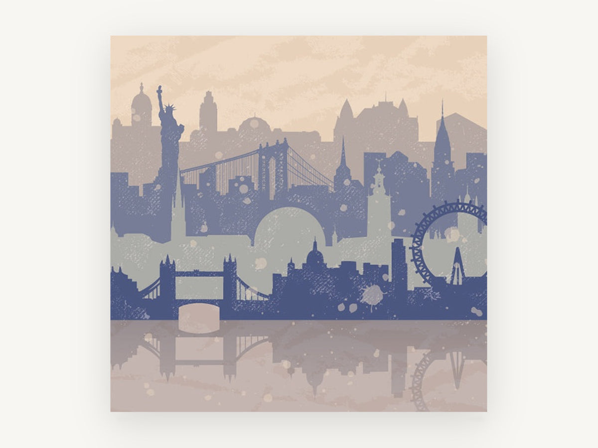Layered Skyline Silhouettes, layered city skyline silhouettes illustration, city canvas wall art print, front view