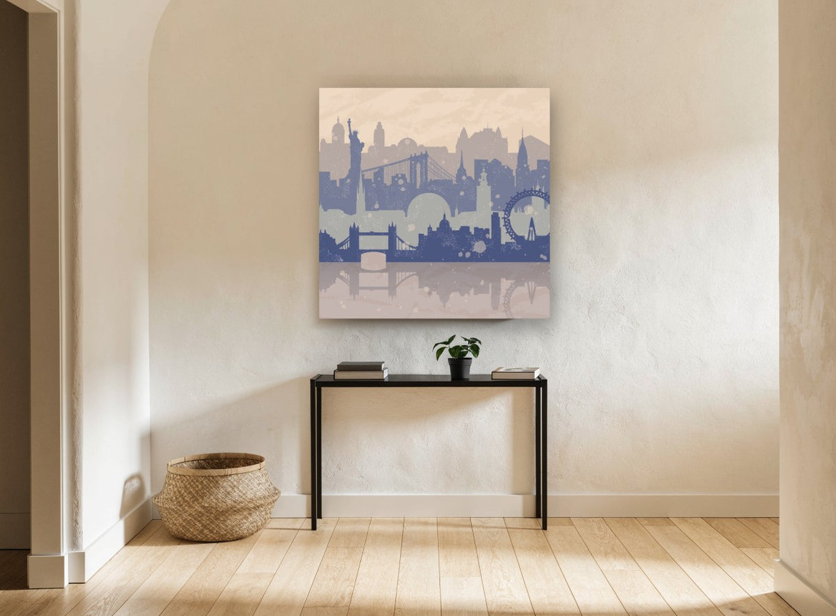 Layered City Silhouettes city canvas print on the wall of a hallway