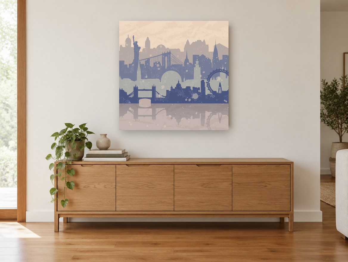 Layered Skyline Silhouettes city canvas print on the wall of a living room above a sideboard