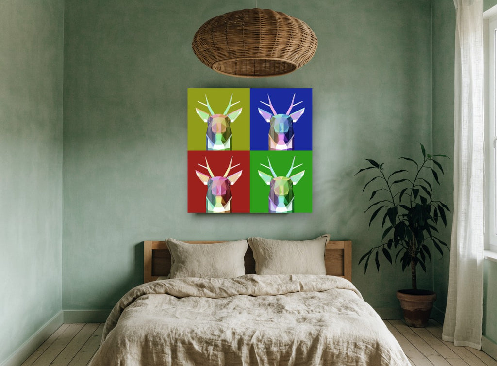 Four Panel Polygon Deer animal canvas print on the wall of a bedroom