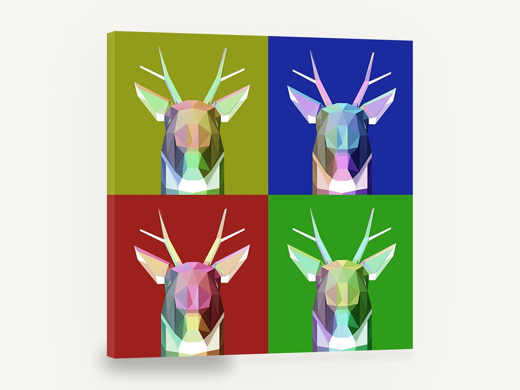 Four Panel Polygon Deer, pop art low poly deer, animal canvas wall art print ready to hang