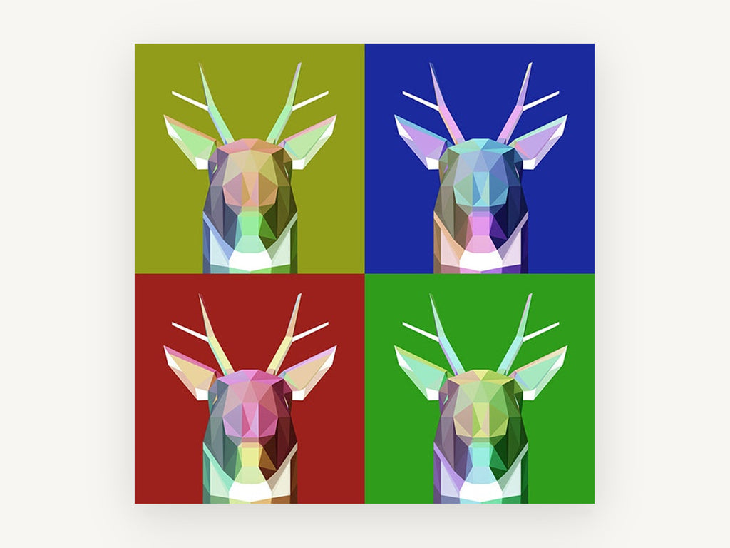 Four Panel Polygon Deer, pop art low poly deer, animal canvas wall art print, front view