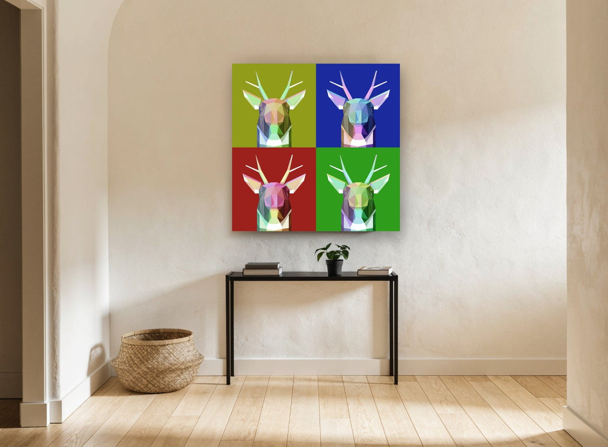 Four Panel Polygon Deer animal canvas print on the wall of a hallway