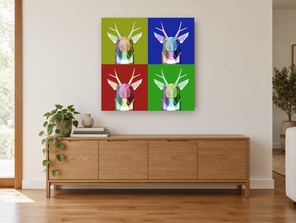 Four Panel Polygon Deer animal canvas print on the wall of a living room above a sideboard