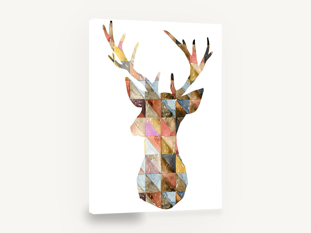 Patchwork Stag Silhouette, geometric watercolour stag silhouette, animal canvas wall art print ready to hang