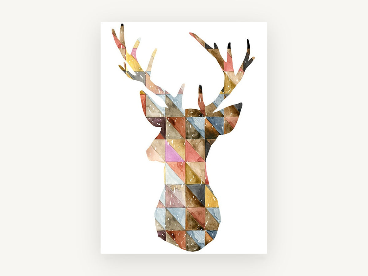Patchwork Stag Silhouette, geometric watercolour stag silhouette, animal canvas wall art print, front view