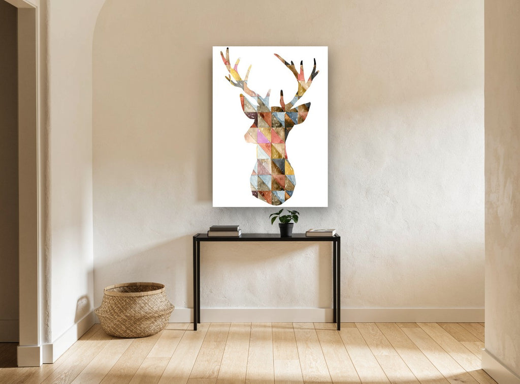 Patchwork Stag Silhouette animal canvas print on the wall of a hallway