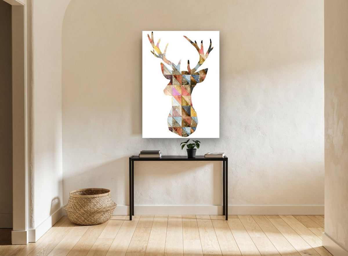 Patchwork Stag Silhouette animal canvas print on the wall of a hallway