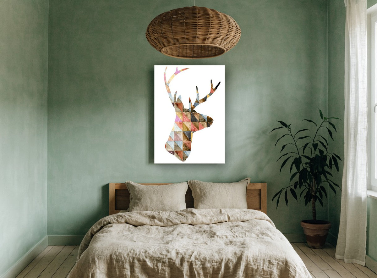 Patchwork Stag Profile animal canvas print on the wall of a bedroom