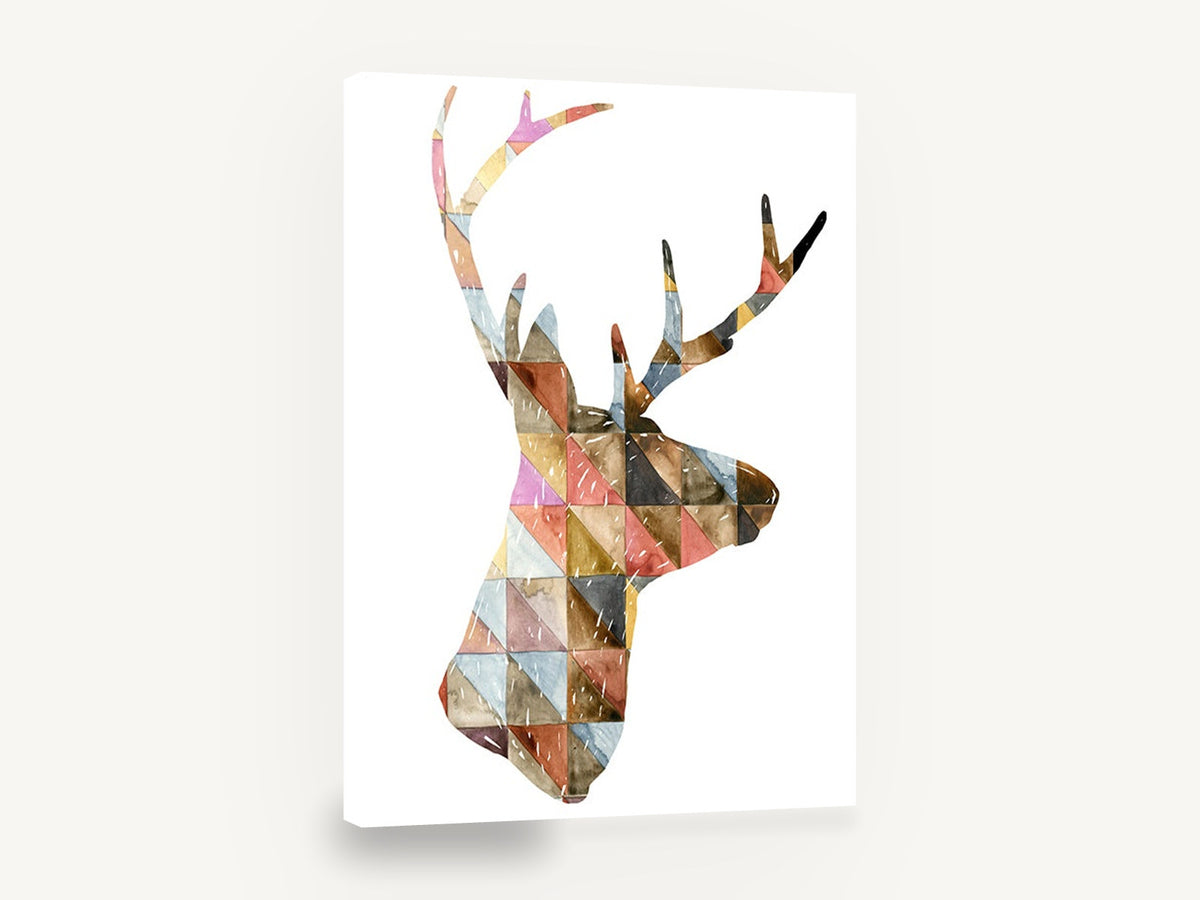 Patchwork Stag Profile, geometric watercolour stag silhouette, animal canvas wall art print ready to hang