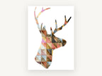 Patchwork Stag Profile, geometric watercolour stag silhouette, animal canvas wall art print, front view