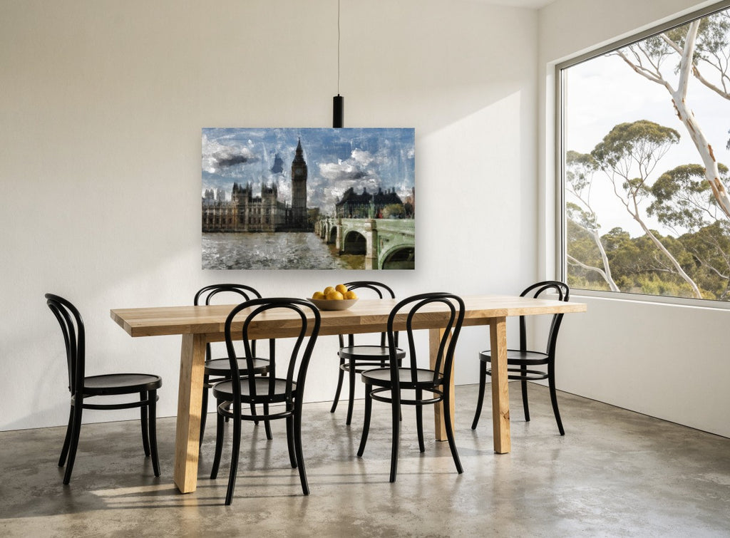 Westminster Bridge Skies city canvas print on the wall of a dining room