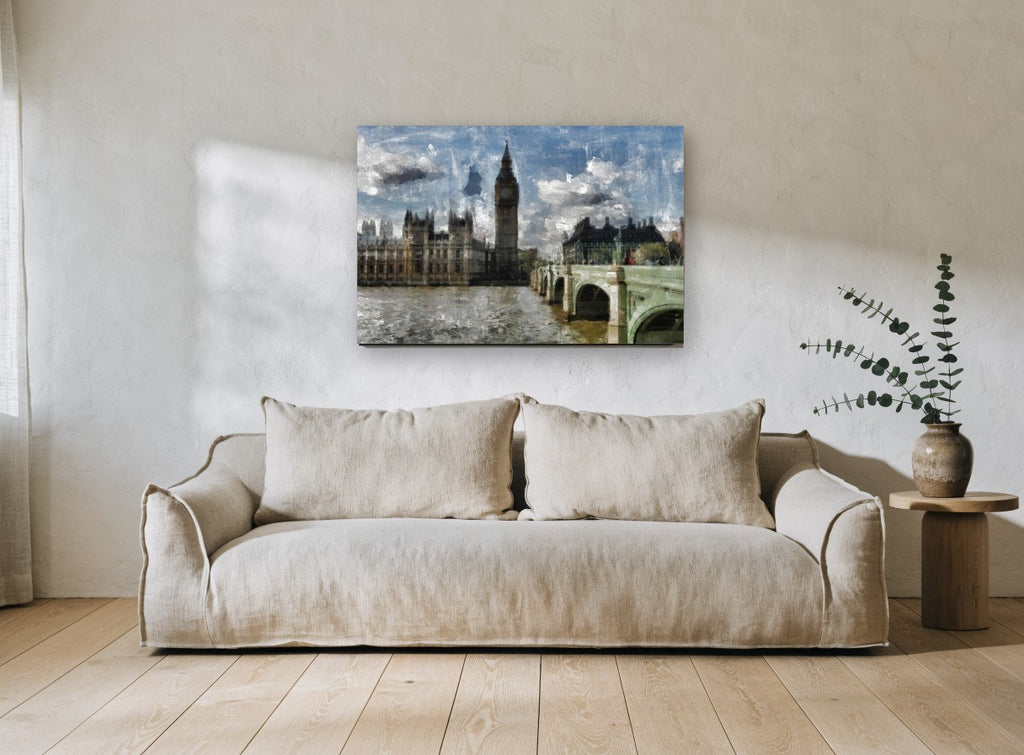 Westminster Bridge Skies city canvas print on the wall of a living room