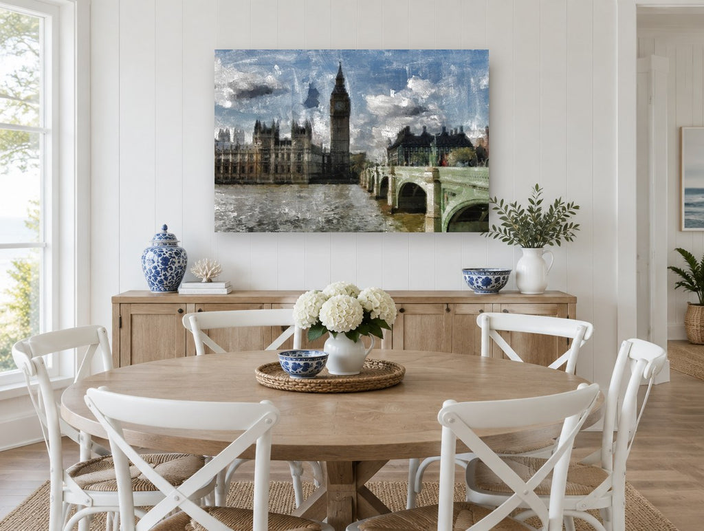 Westminster Bridge Skies city canvas print on the wall of a Hamptons dining room