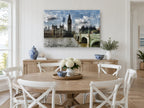 Westminster Bridge Skies city canvas print on the wall of a Hamptons dining room