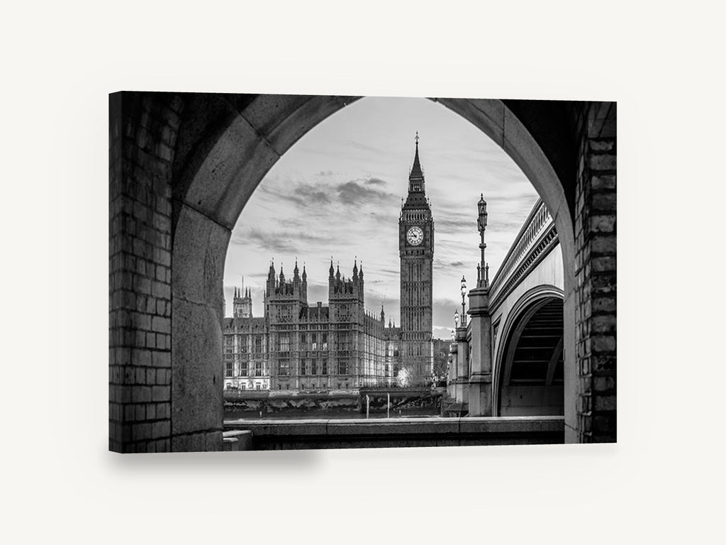Westminster Through the Arch, big ben through arch black and white photograph, city canvas wall art print ready to hang