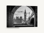 Westminster Through the Arch, big ben through arch black and white photograph, city canvas wall art print ready to hang